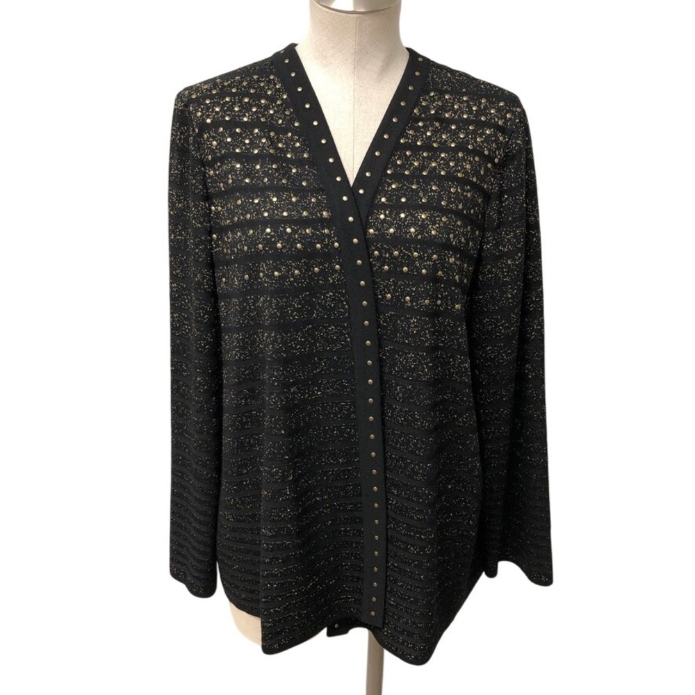 Ming Wang Cardigan Jacket Womens 0X Plus Black Gold Studded Metallic L9807AC